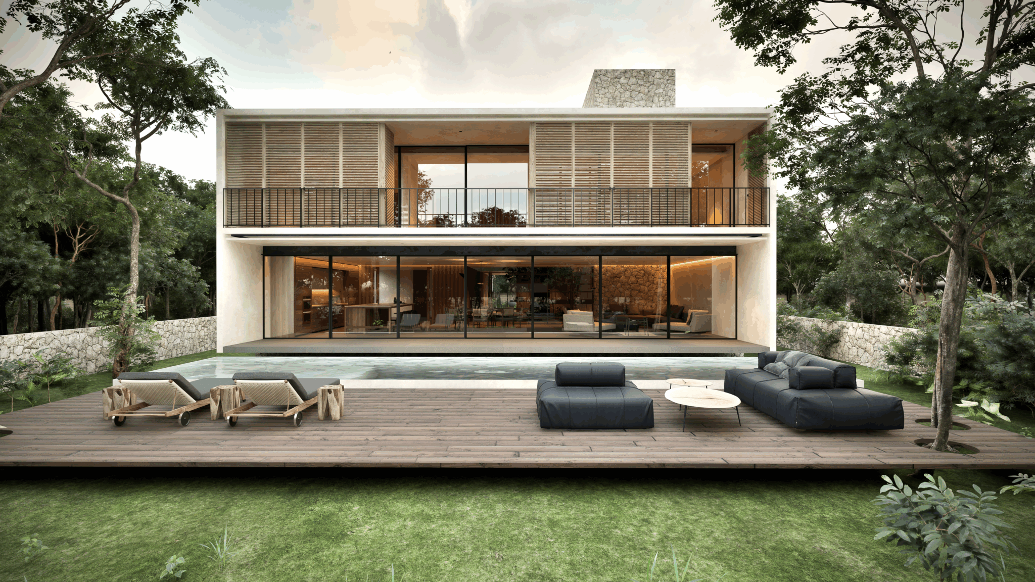 two‑storey light‑colored house with broad glazing, balcony, pool, timber deck, lawn, and trees.