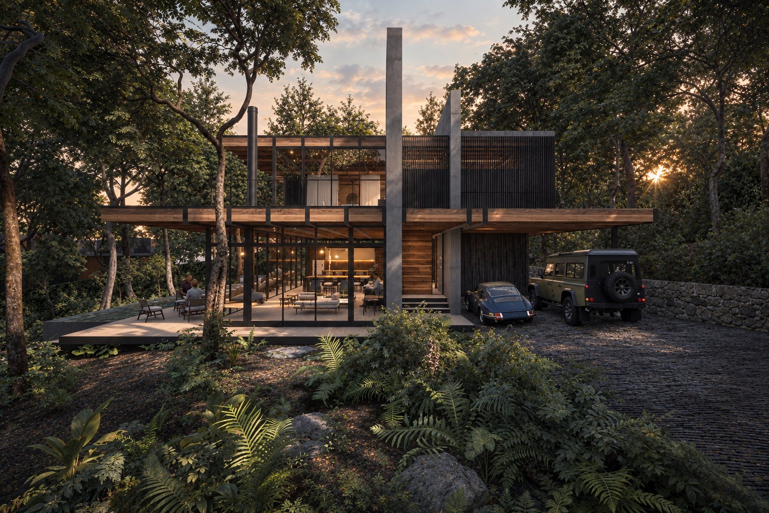 Exterior view of a two‑story glass‑and‑timber house surrounded by mature trees, featuring a covered terrace and a driveway with vehicles